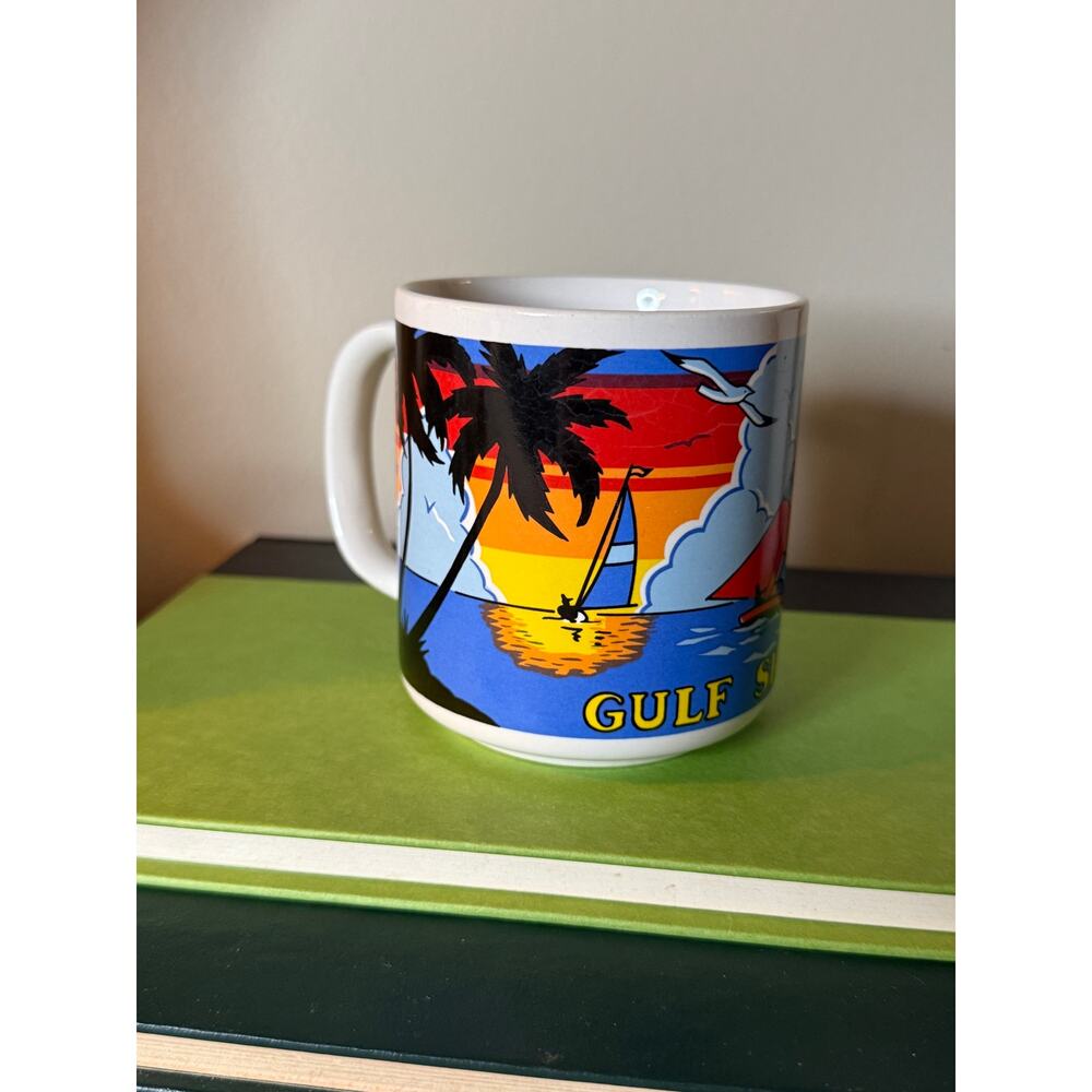 Vtg Gulf Shores Alabama Souvenir Coffee Mug Retro Sunset Sailboat Palm Tree Cup